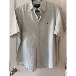 Ralph Lauren Shirt Mens XL Green White Striped Seer Sucker Button Short Sleeve